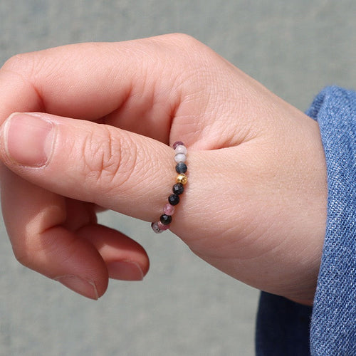 3mm Faceted Round Gemstone Bead Rings – Stackable Elastic Stretch Crystal Rings Handmade Healing Jewelry Set for Women