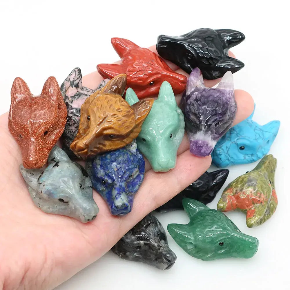 Hand Carved Wolf Head Statue – 40mm Natural Gemstone Animal Figurine for Home Decor Collectible Healing Gift