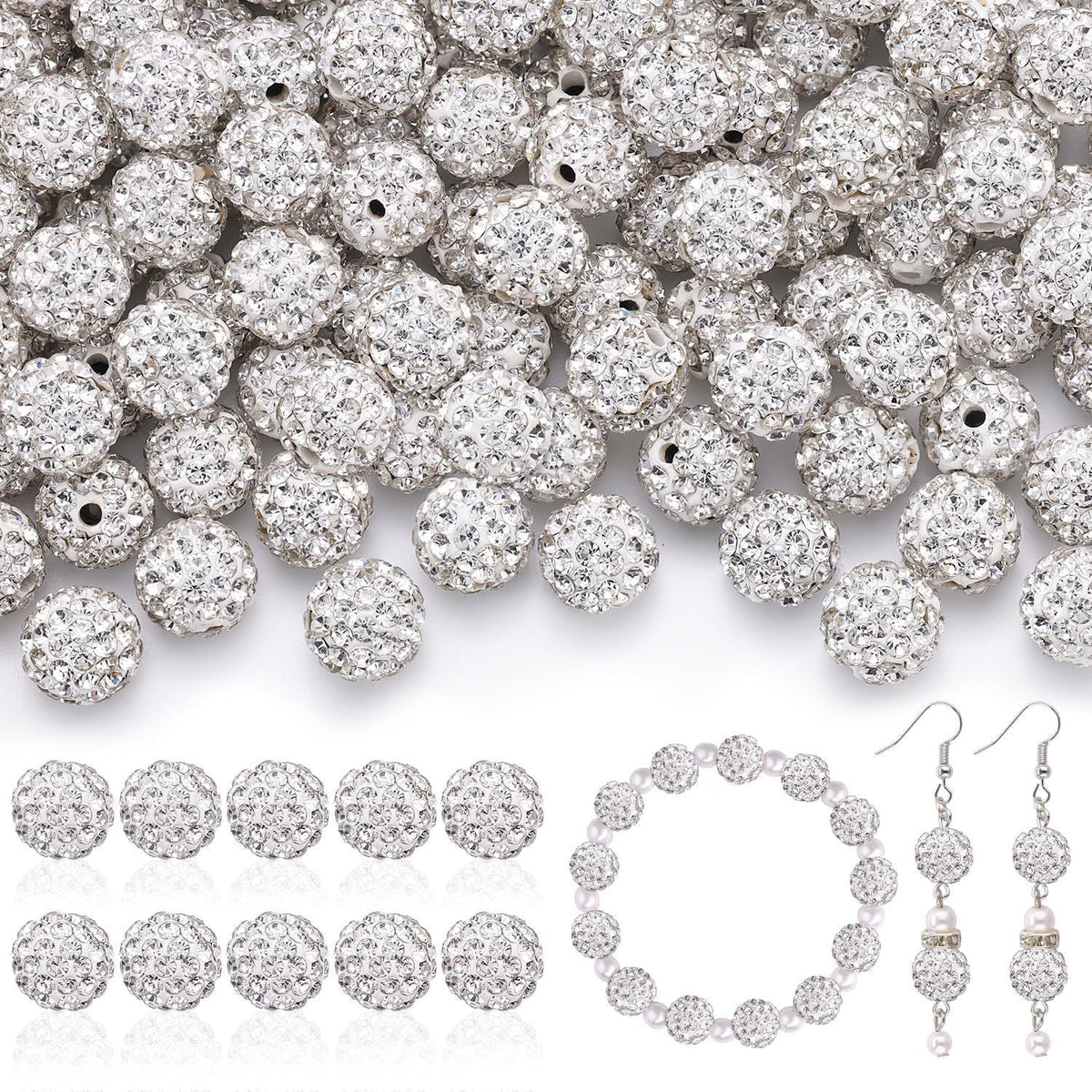 100pcs 10mm Rhinestone Beads Shiny Round Disco Ball Beads Bulk, Sparkle Crystal Clay