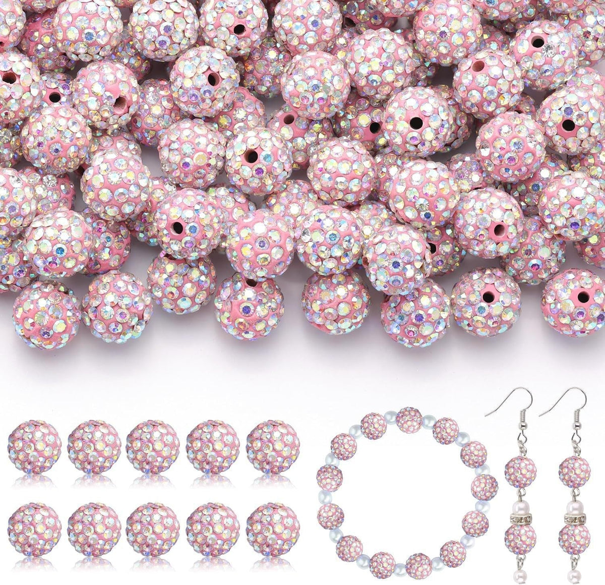 100pcs 10mm Rhinestone Beads Shiny Round Disco Ball Beads Bulk, Sparkle Crystal Clay