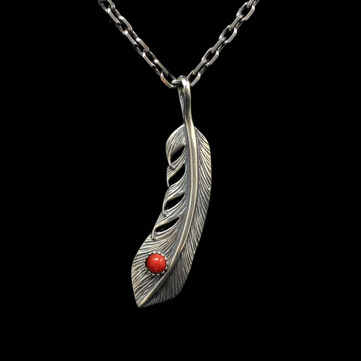 Feather Leaf Retro 925 Silver Goro Takahashi Pendant with Red Turquoise
