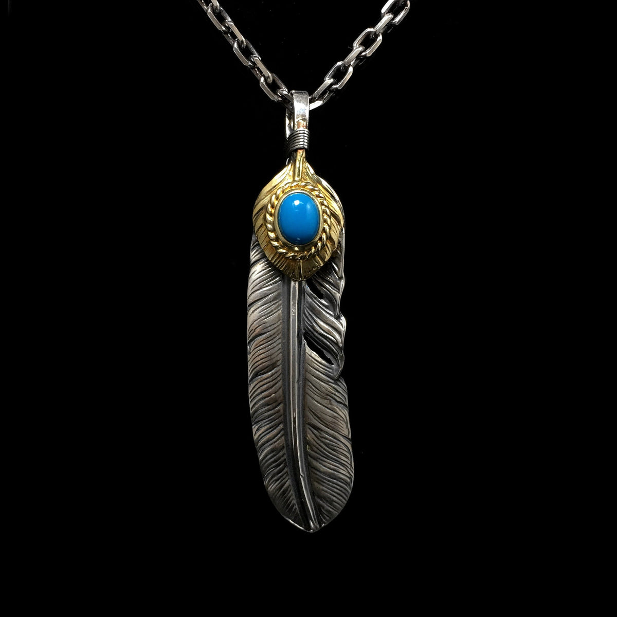 Native American Jewelry Left Feather Leaf Retro 925 Silver Goro Takahashi Pendant with Blue Turquoise