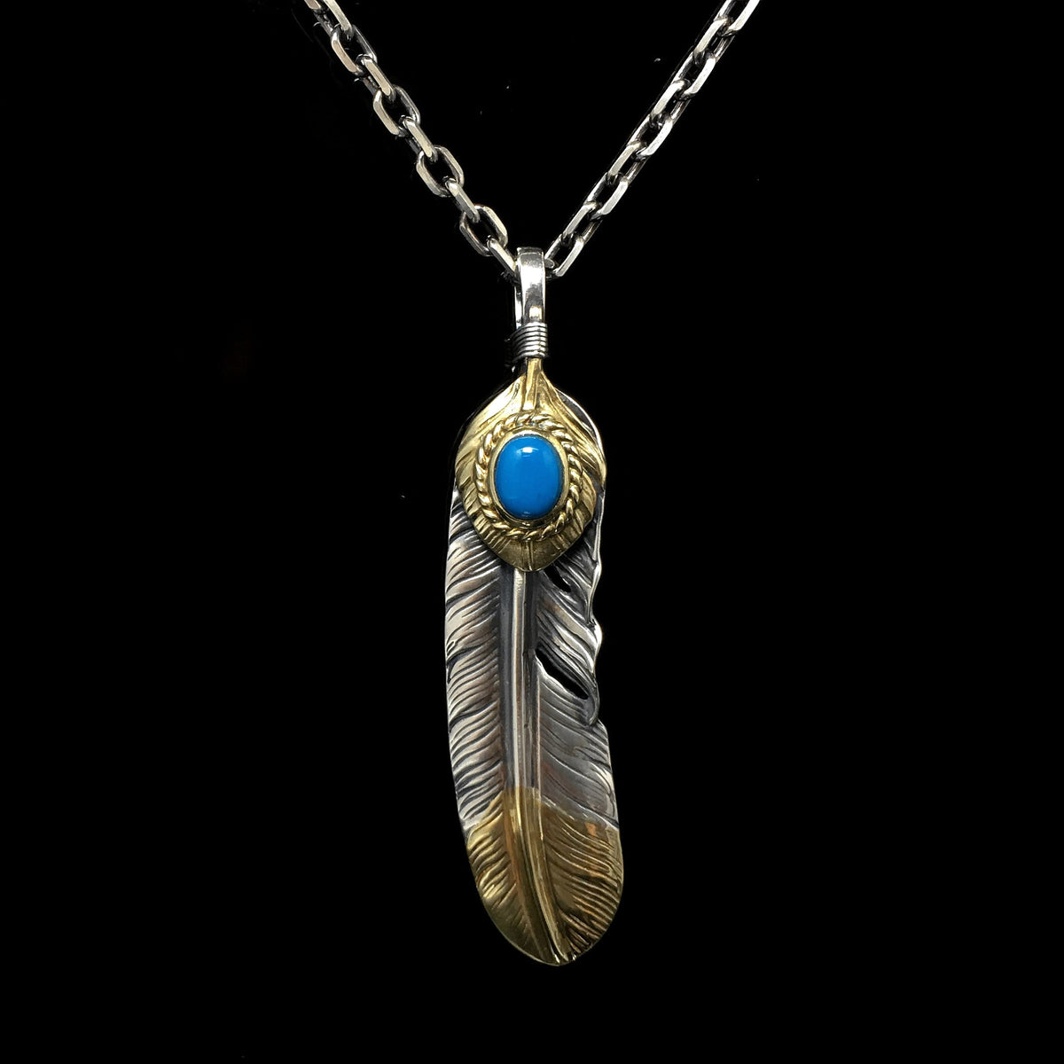 Left John Mayer Necklace Feather Leaf Retro 925 Silver Goro Takahashi Pendant with Brass Turquoise
