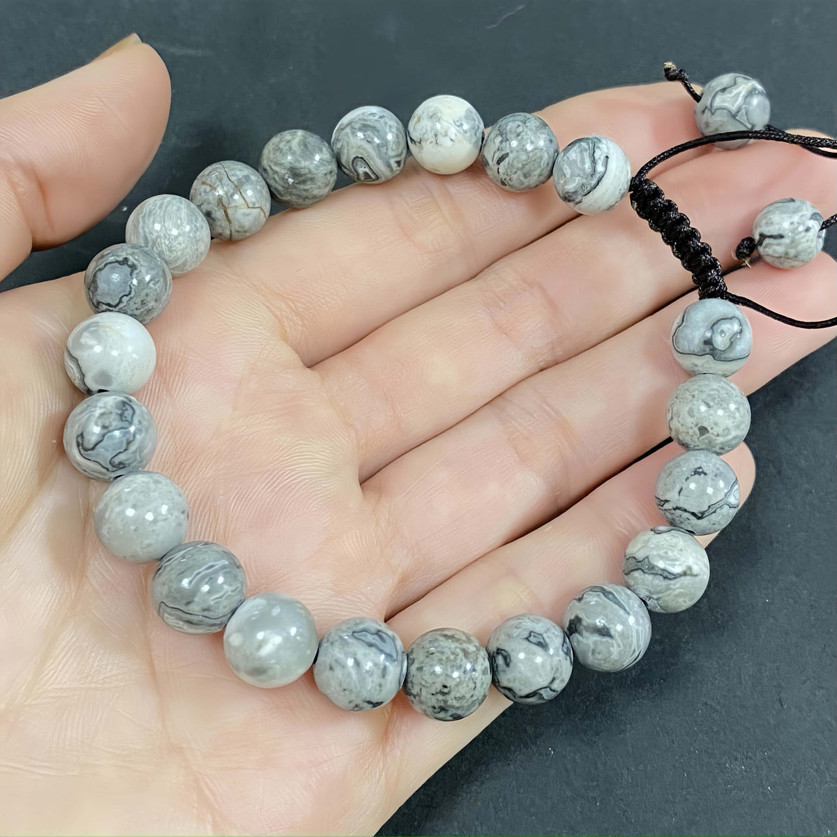 8mm Natural Map Stone Bracelet – Handmade Braided Rope Sleep Healing Crystal Jewelry, Adjustable Spiritual Gemstone Gift for Women