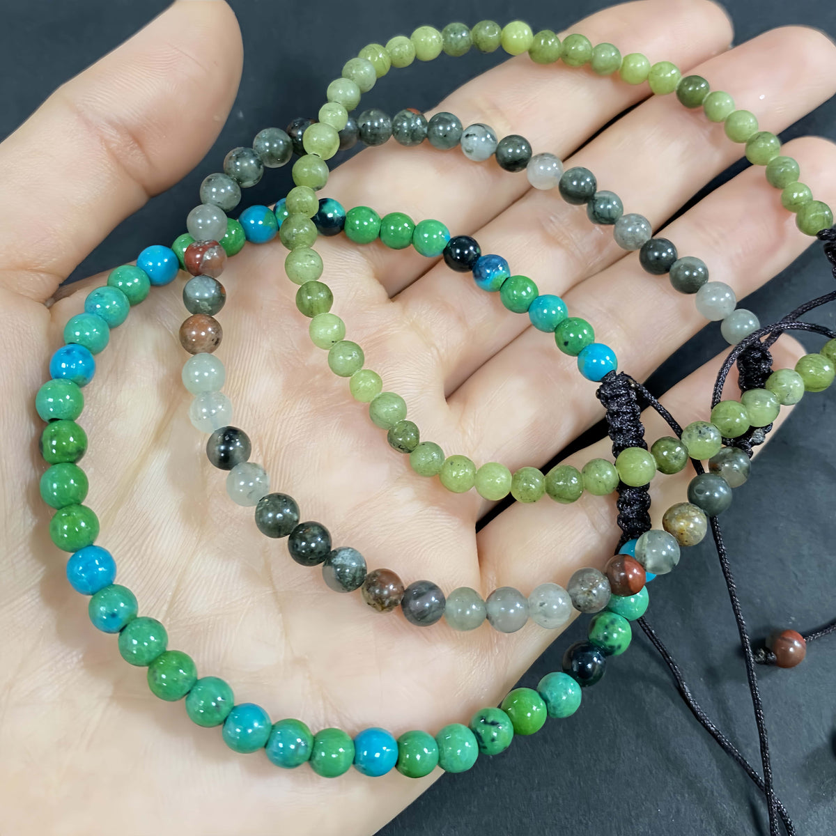 4mm Triple Strand Green Jade Bracelet – Handmade Braided Rope Wellness Healing Crystal Jewelry, Adjustable Spiritual Gemstone Gift for Women