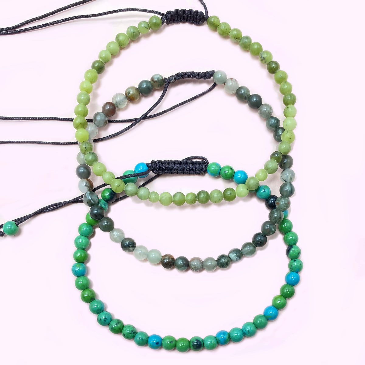 4mm Triple Strand Green Jade Bracelet – Handmade Braided Rope Wellness Healing Crystal Jewelry, Adjustable Spiritual Gemstone Gift for Women