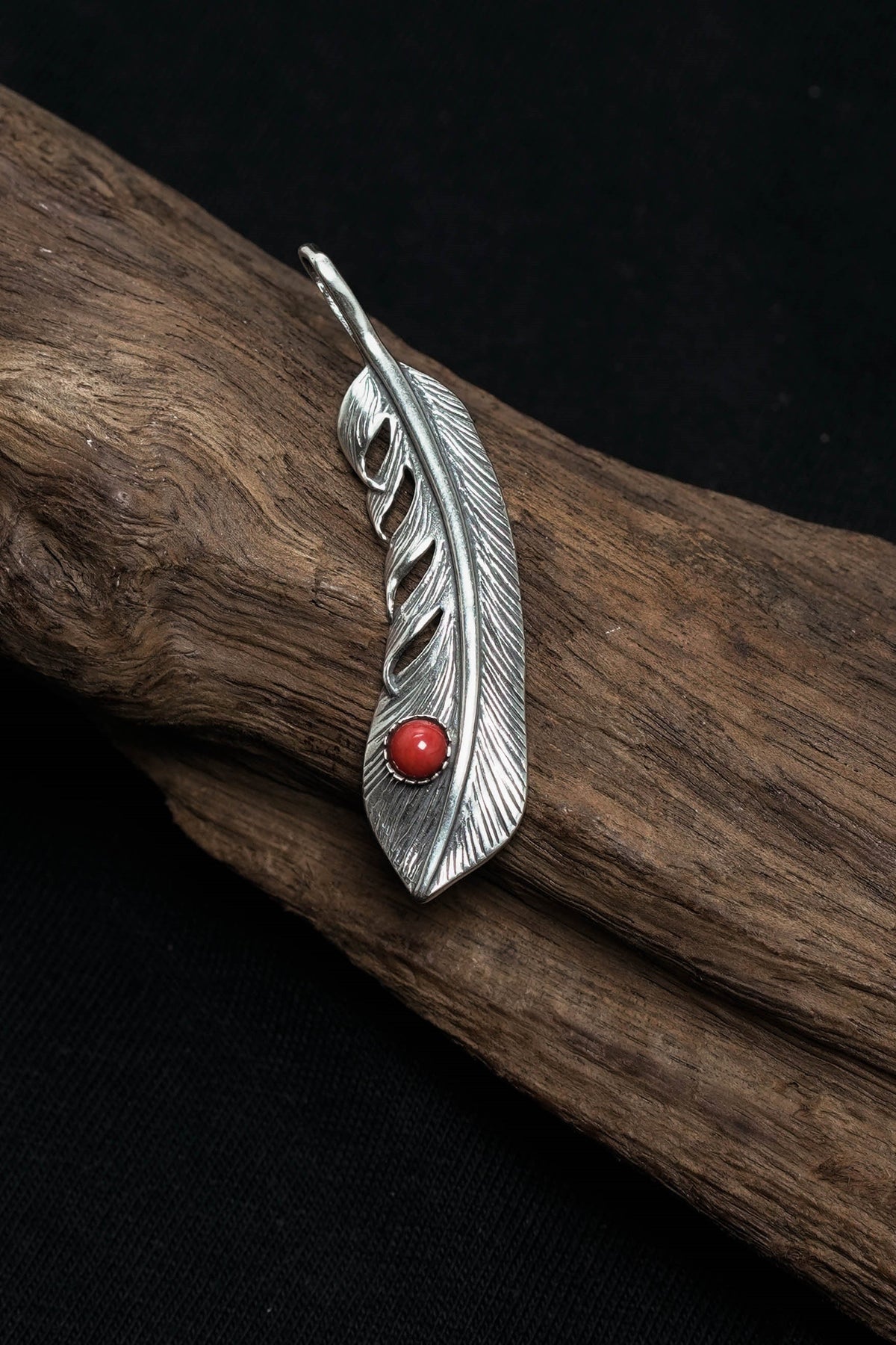 Feather Leaf Retro 925 Silver Goro Takahashi Pendant with Red Turquoise