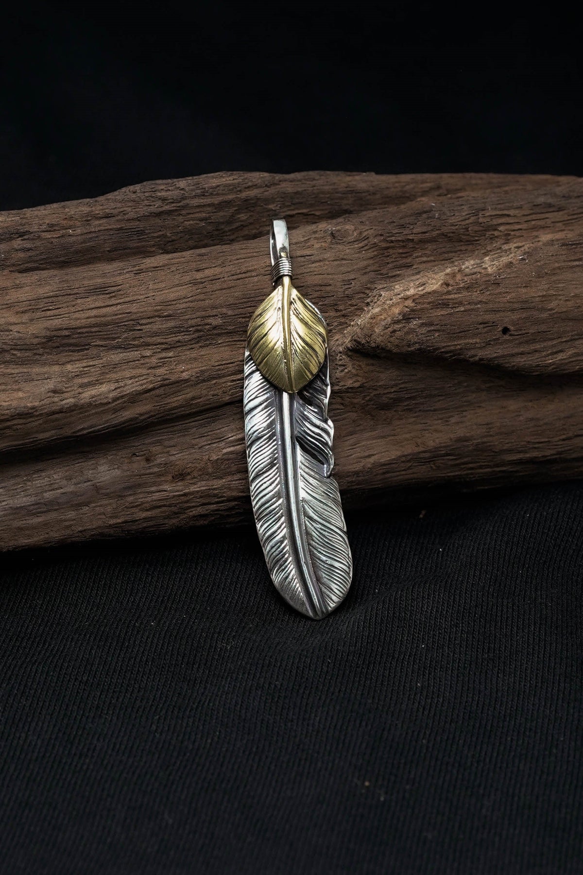 Left Feather Leaf Retro 925 Silver Goro Takahashi Pendant with Brass