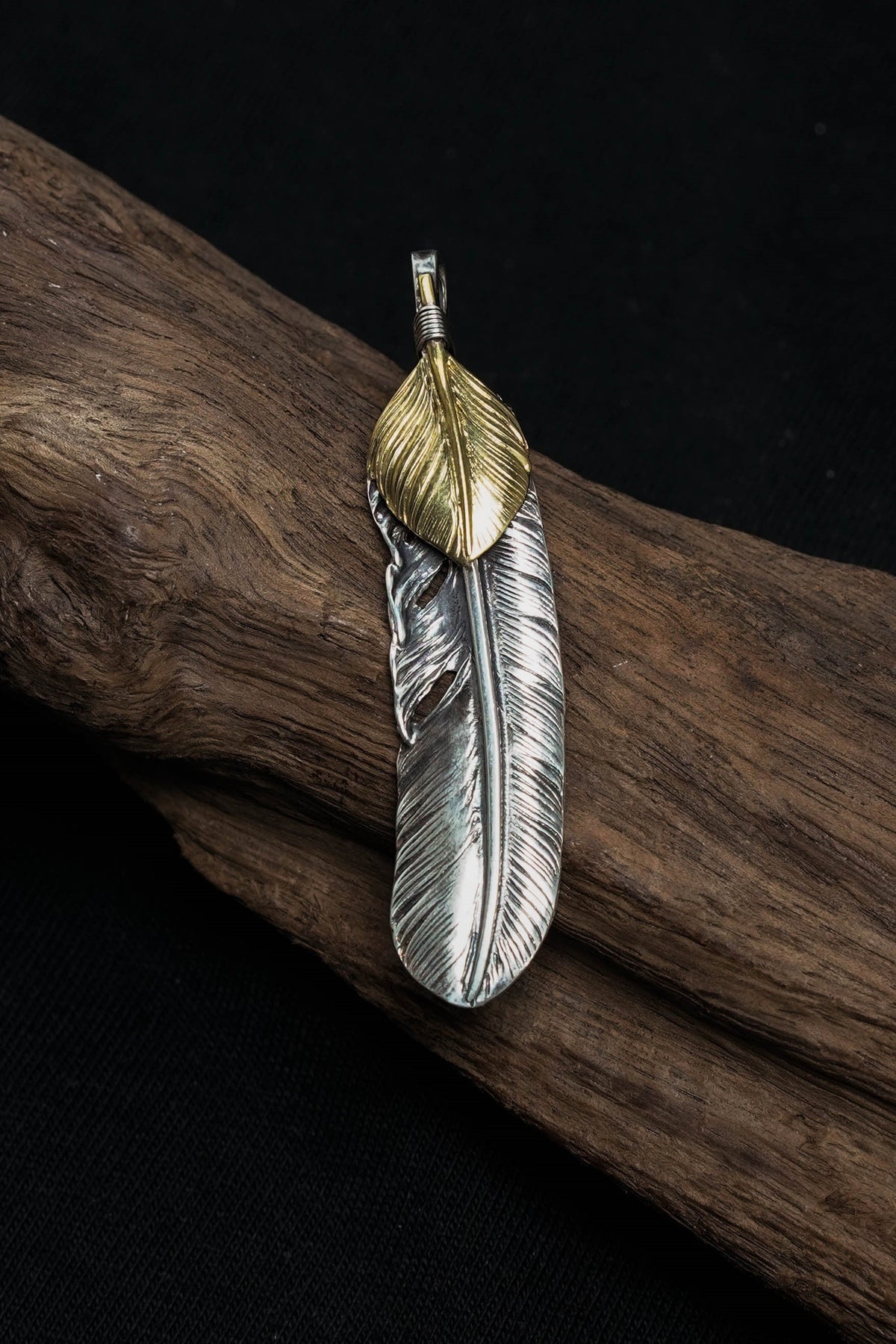 Right Feather Brass Leaf Retro 925 Silver Pendant Japan Takahashi Goro