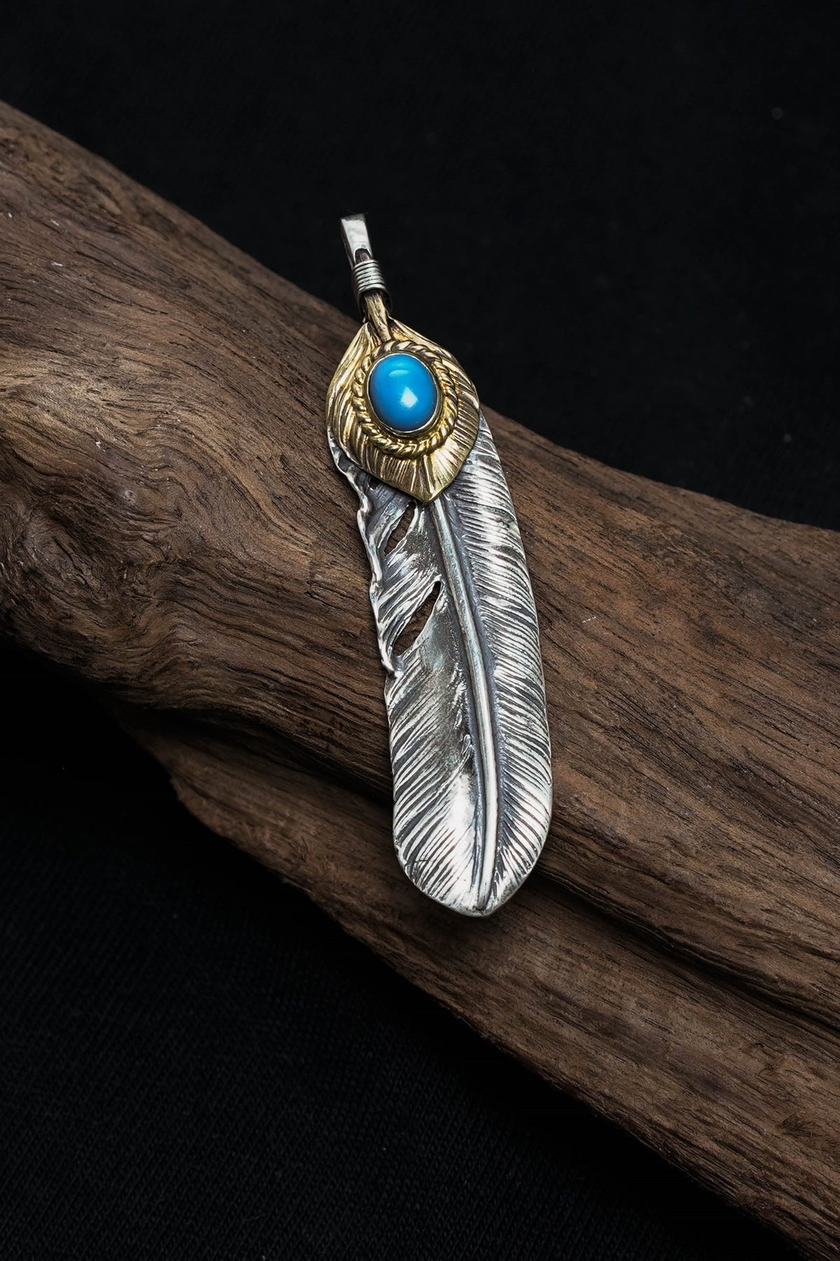 Right Feather Leaf Retro 925 Silver Goro Takahashi Pendant with Turquoise