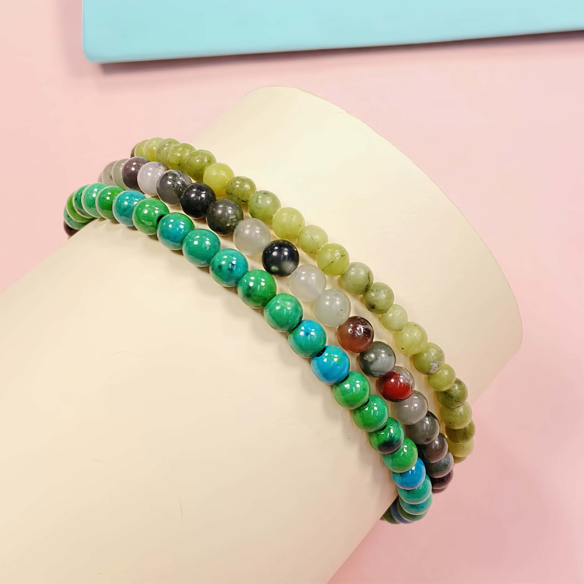 4mm Triple Strand Green Jade Bracelet – Handmade Braided Rope Wellness Healing Crystal Jewelry, Adjustable Spiritual Gemstone Gift for Women