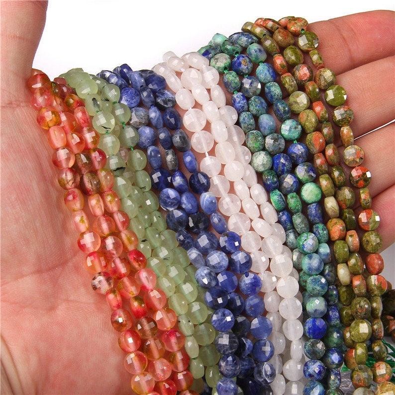 6mm Faceted Coin Round Beads Natural Gemstone Beads for Diy Jewelry Making Aquamarine/Amazonite/Rose Quartz/Agate/Crystal Coin Cut Beads 15"