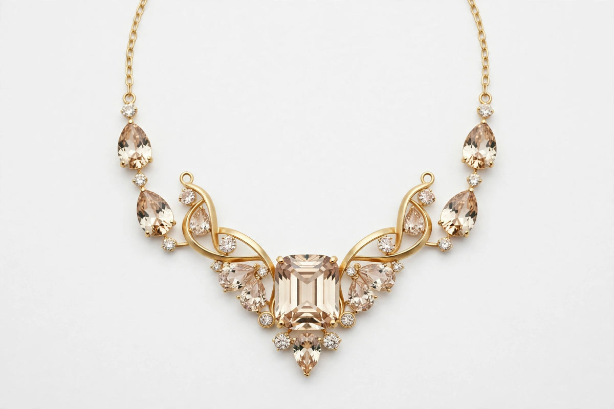 Champagne Topaz Statement Necklace – Handmade Gold Plated Crystal Pendant Necklace for Women Elegant Jewelry Gift for Her